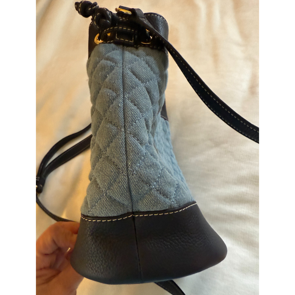 Talbots Purse Blue Quilted Bucket Bag Brown Leather Trim Crossbody Drawstring - Picture 11 of 11